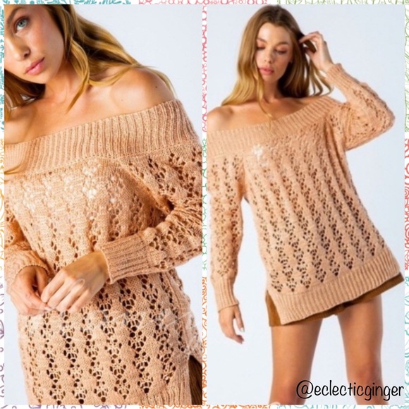 Tan ‘Skin’ Open knit off shoulder long sleeve sweater Size S/M or M/L - Picture 3 of 4